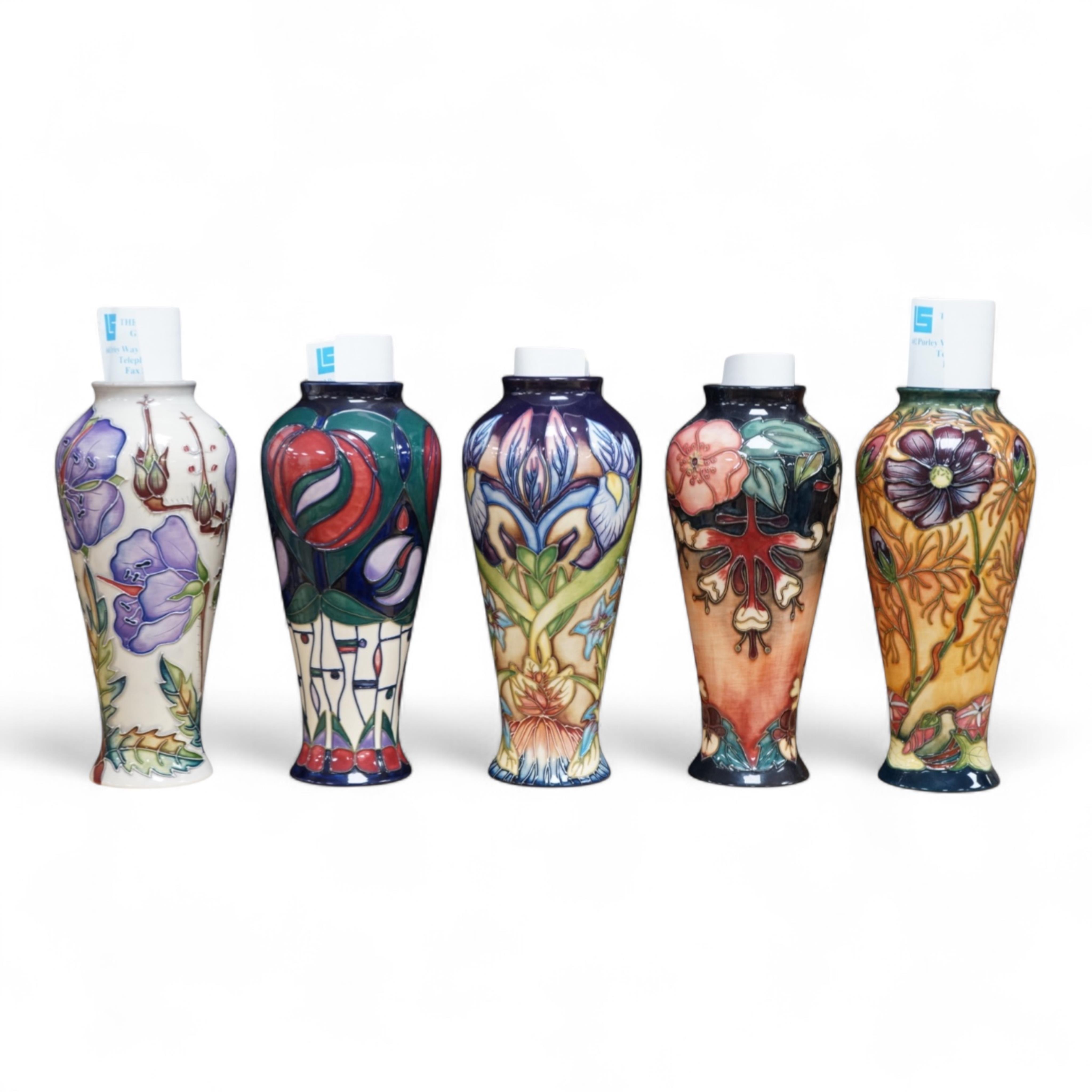 Five boxed Moorcroft vases - Geneva, Meadow Cranesbill, Cosmos, Oberon and Charles Rennie Macintosh patterns, 20.5cm